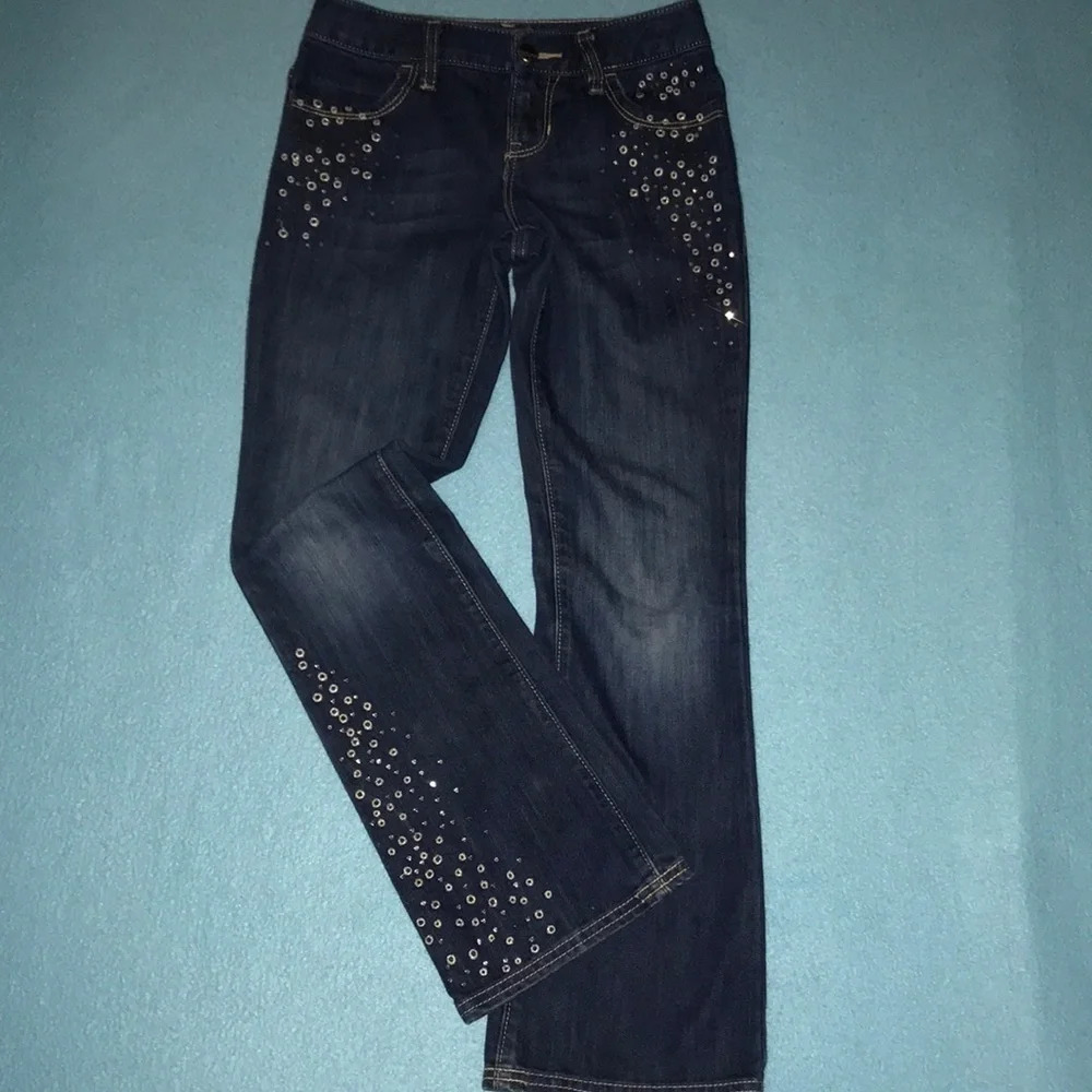 𝅺OLD NAVY boot-cut embellished blue jeans adjustable waistband size 8